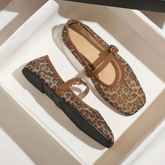 Leopard Print Mesh Mary Jane Flats - Picture 4 of 6